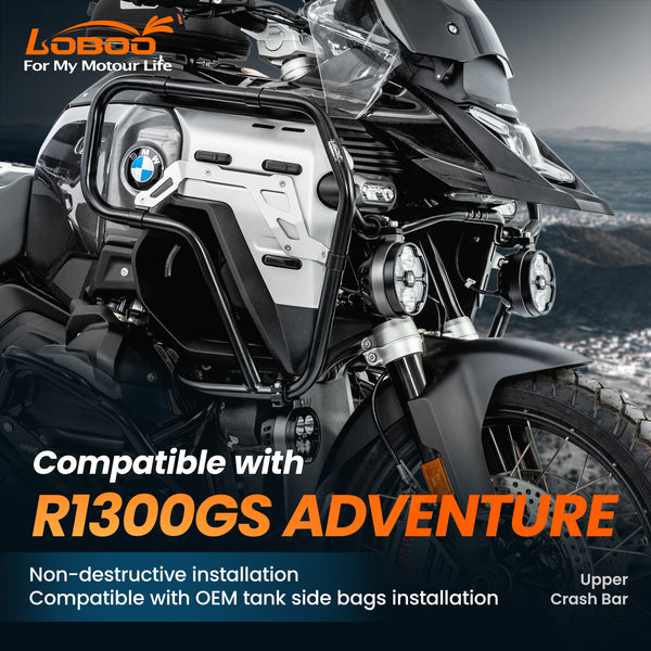 LOBOO Upper Crash Bar for BMW R1300GS Adventure (2024–), Heavy-Duty Tank Protection, Multi-Point Support – Black / Silver